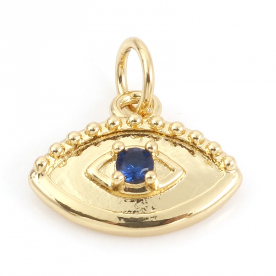 Picture of Brass Religious Charms 18K Real Gold Plated Evil Eye Micro Pave Dark Blue Rhinestone 13mm x 13mm, 10 PCs                                                                                                                                                      