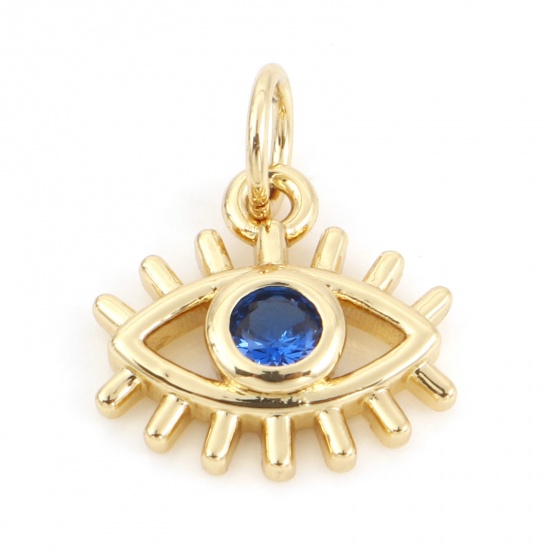 Picture of Brass Religious Charms 18K Real Gold Plated Evil Eye Micro Pave Dark Blue Rhinestone 14.5mm x 11mm, 10 PCs                                                                                                                                                    