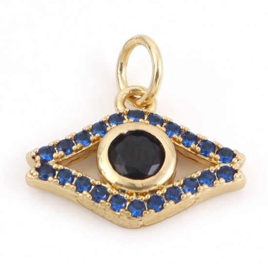 Picture of Brass Religious Charms 18K Real Gold Plated Evil Eye Micro Pave Dark Blue Rhinestone 15mm x 14mm, 10 PCs                                                                                                                                                      