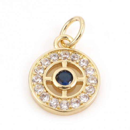 Picture of Brass Religious Charms 18K Real Gold Plated Evil Eye Micro Pave Clear & Blue Rhinestone 16mm x 10mm, 10 PCs                                                                                                                                                   