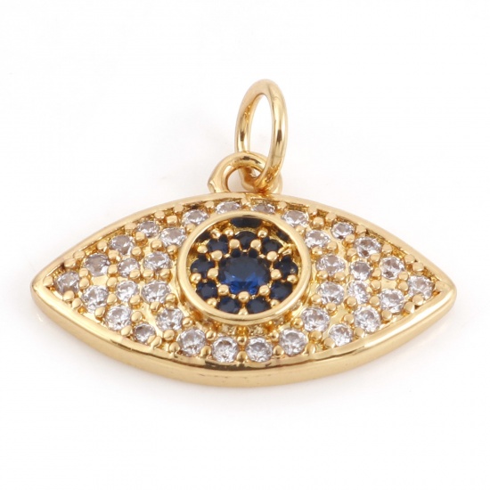 Picture of Brass Religious Charms 18K Real Gold Plated Evil Eye Micro Pave Clear & Blue Rhinestone 19mm x 16mm, 10 PCs                                                                                                                                                   