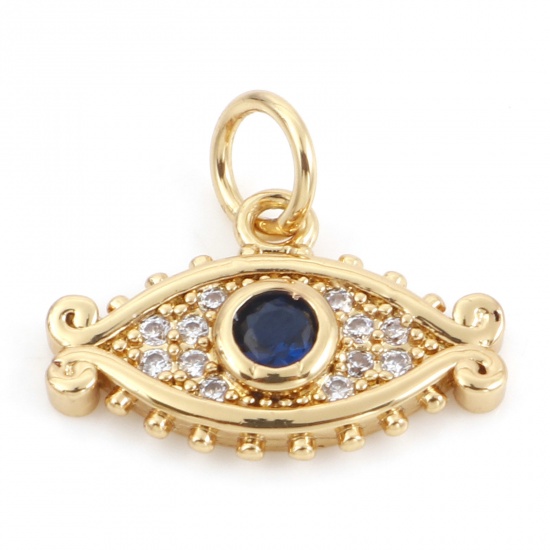 Picture of Brass Religious Charms 18K Real Gold Plated Evil Eye Micro Pave Clear & Blue Rhinestone 15mm x 14mm, 10 PCs                                                                                                                                                   
