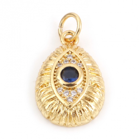 Picture of Brass Religious Charms 18K Real Gold Plated Evil Eye Micro Pave Clear & Blue Rhinestone 20mm x 11mm, 10 PCs                                                                                                                                                   