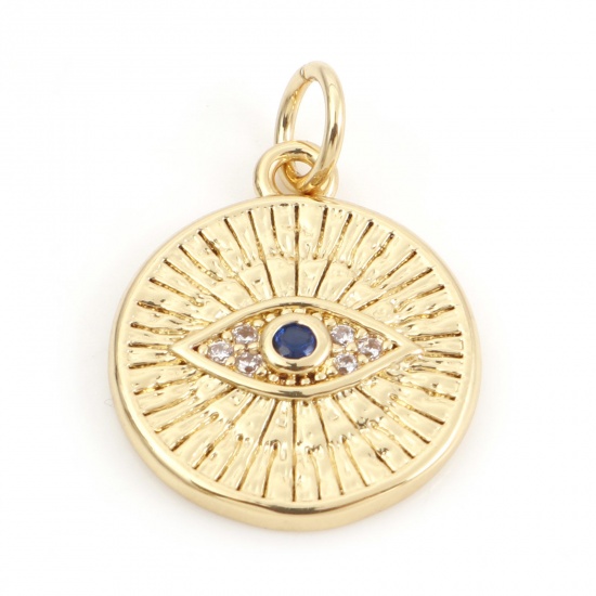 Picture of Brass Religious Charms 18K Real Gold Plated Evil Eye Micro Pave Clear & Blue Rhinestone 20mm x 14mm, 10 PCs                                                                                                                                                   