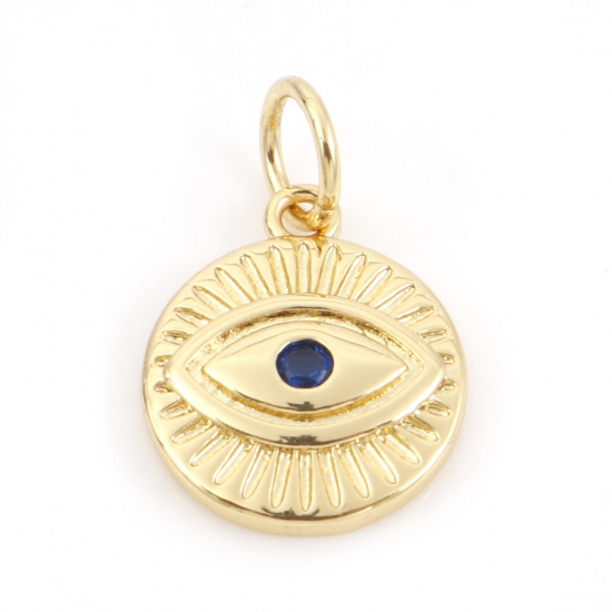 Picture of Brass Religious Charms 18K Real Gold Plated Evil Eye Micro Pave Blue Rhinestone 16mm x 10mm, 10 PCs                                                                                                                                                           