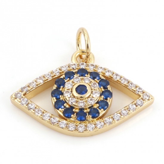 Picture of Brass Religious Charms 18K Real Gold Plated Evil Eye Micro Pave Clear & Blue Rhinestone 19.5mm x 17mm, 10 PCs                                                                                                                                                 