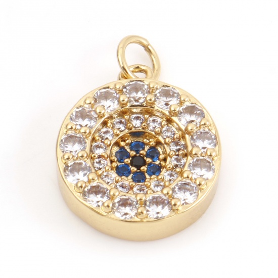 Picture of Brass Religious Charms 18K Real Gold Plated Evil Eye Micro Pave Clear & Blue Rhinestone 16mm x 12mm, 10 PCs                                                                                                                                                   