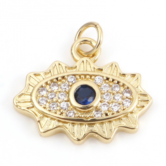 Picture of Brass Religious Charms 18K Real Gold Plated Evil Eye Micro Pave Clear & Blue Rhinestone 15mm x 15mm, 10 PCs                                                                                                                                                   