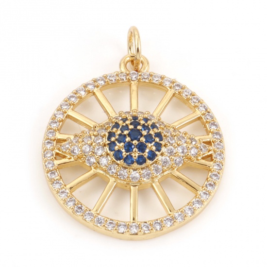 Picture of Brass Religious Charms 18K Real Gold Plated Evil Eye Micro Pave Clear & Blue Rhinestone 26mm x 20mm, 10 PCs                                                                                                                                                   