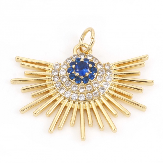 Picture of Brass Religious Charms 18K Real Gold Plated Evil Eye Micro Pave Clear & Blue Rhinestone 25mm x 22mm, 10 PCs                                                                                                                                                   