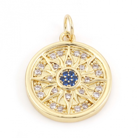 Picture of Brass Religious Charms 18K Real Gold Plated Evil Eye Micro Pave Clear & Blue Rhinestone 22mm x 16mm, 10 PCs                                                                                                                                                   