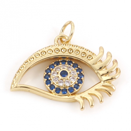 Picture of Brass Religious Charms 18K Real Gold Plated Evil Eye Micro Pave Clear & Blue Rhinestone 22.5mm x 21mm, 10 PCs                                                                                                                                                 
