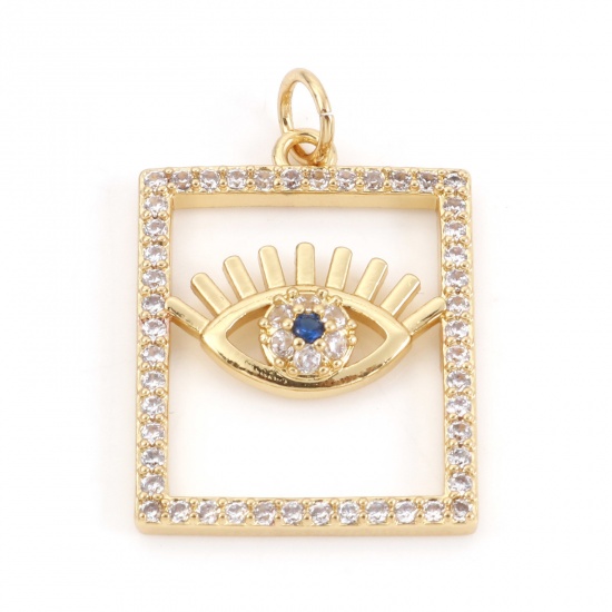 Picture of Brass Religious Charms 18K Real Gold Plated Evil Eye Micro Pave Clear & Blue Rhinestone 25mm x 17mm, 10 PCs                                                                                                                                                   
