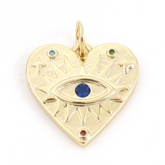 Picture of Brass Religious Charms 18K Real Gold Plated Evil Eye Micro Pave Multicolor Rhinestone 19mm x 16mm, 10 PCs                                                                                                                                                     