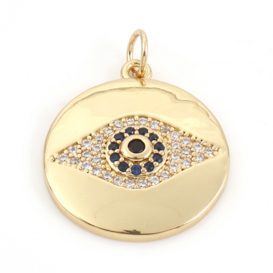 Picture of Brass Religious Charms 18K Real Gold Plated Evil Eye Micro Pave Clear & Blue Rhinestone 25mm x 19mm, 10 PCs                                                                                                                                                   
