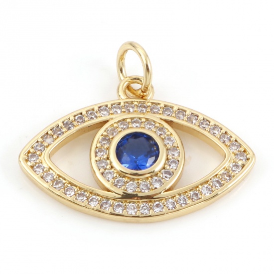 Picture of Brass Religious Charms 18K Real Gold Plated Evil Eye Micro Pave Clear & Blue Rhinestone 21mm x 18mm, 10 PCs                                                                                                                                                   