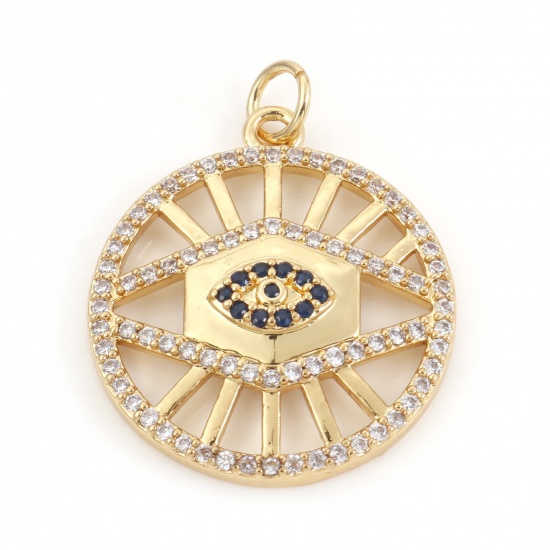 Picture of Brass Religious Charms 18K Real Gold Plated Evil Eye Micro Pave Clear & Blue Rhinestone 27mm x 21mm, 10 PCs                                                                                                                                                   