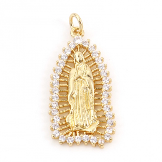Picture of Brass Religious Pendants 18K Real Gold Plated Shield Virgin Mary Micro Pave Clear Rhinestone 3.2cm x 1.5cm, 10 PCs                                                                                                                                            