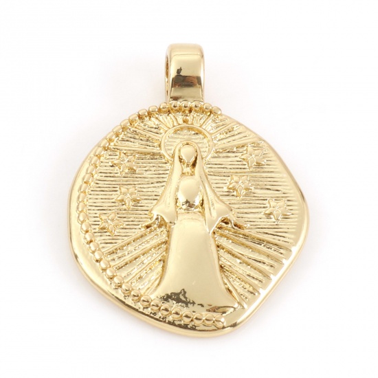 Picture of Brass Religious Charms 18K Real Gold Plated Irregular Virgin Mary Micro Pave 24mm x 18mm, 10 PCs                                                                                                                                                              
