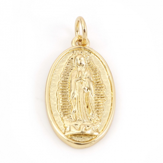 Picture of Brass Religious Charms 18K Real Gold Plated Oval Virgin Mary Micro Pave 25mm x 12mm, 10 PCs                                                                                                                                                                   