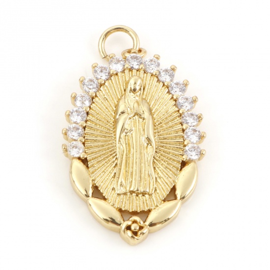 Picture of Brass Religious Pendants 18K Real Gold Plated Oval Virgin Mary Micro Pave Clear Rhinestone 3cm x 1.8cm, 10 PCs                                                                                                                                                