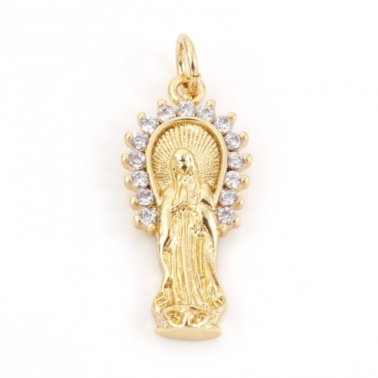 Picture of Brass Religious Charms 18K Real Gold Plated Virgin Mary Micro Pave Clear Rhinestone 26mm x 11mm, 10 PCs                                                                                                                                                       
