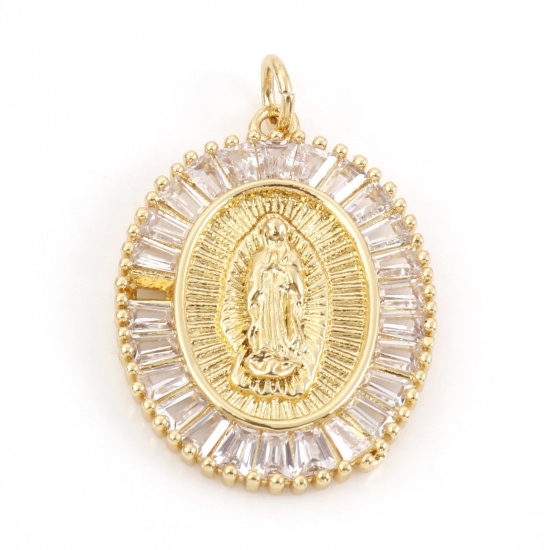 Picture of Brass Religious Pendants 18K Real Gold Plated Oval Virgin Mary Micro Pave Clear Rhinestone 3cm x 2cm, 10 PCs                                                                                                                                                  