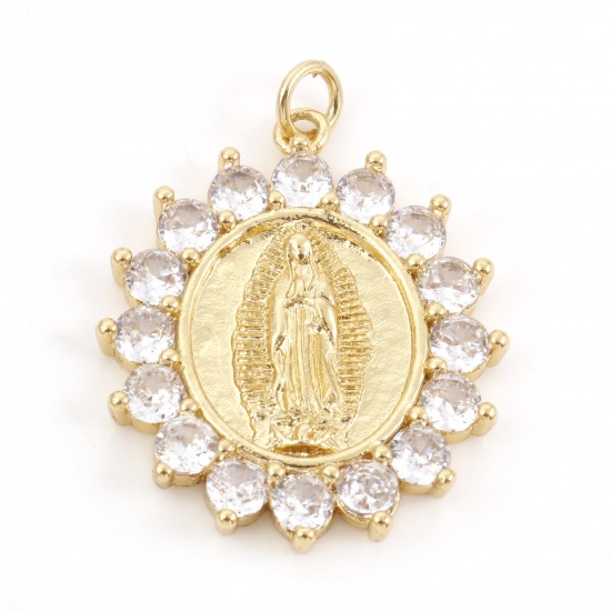 Picture of Brass Religious Pendants 18K Real Gold Plated Oval Virgin Mary Micro Pave Clear Rhinestone 3.2cm x 2.4cm, 10 PCs                                                                                                                                              