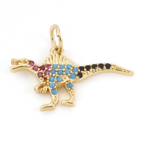 Picture of Brass Charms 18K Real Gold Plated Dinosaur Animal Micro Pave Multicolor Rhinestone 20mm x 15mm, 10 PCs