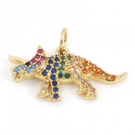 Picture of Brass Charms 18K Real Gold Plated Dinosaur Animal Micro Pave Multicolor Rhinestone 21mm x 14mm, 10 PCs