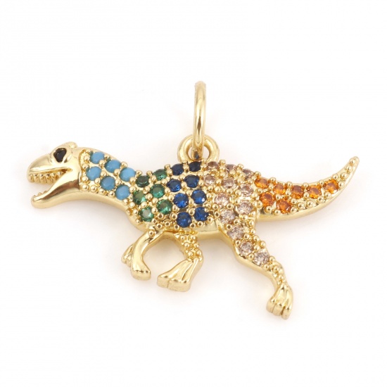 Picture of Brass Charms 18K Real Gold Plated Dinosaur Animal Micro Pave Multicolor Rhinestone 19mm x 14mm, 10 PCs