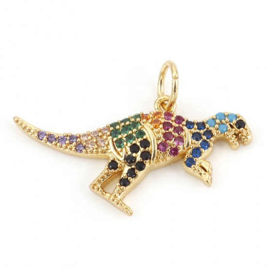 Picture of Brass Charms 18K Real Gold Plated Dinosaur Animal Micro Pave Multicolor Rhinestone 20mm x 16mm, 10 PCs