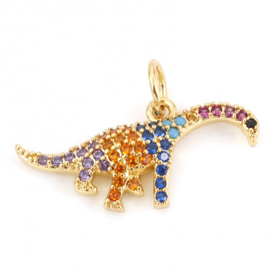 Picture of Brass Charms 18K Real Gold Plated Dinosaur Animal Micro Pave Multicolor Rhinestone 20mm x 14mm, 10 PCs