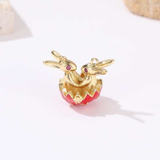 Picture of Brass Easter Day Charms 18K Real Gold Plated Red Rabbit Animal Enamel Fuchsia Cubic Zirconia 17.3mm x 15.5mm, 10 PCs                                                                                                                                          