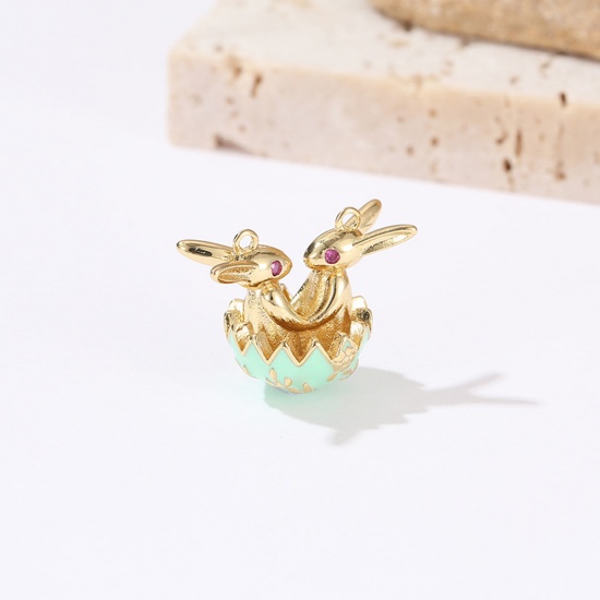 Picture of Brass Easter Day Charms 18K Real Gold Plated Green Rabbit Animal Enamel Fuchsia Cubic Zirconia 17.3mm x 15.5mm, 10 PCs                                                                                                                                        