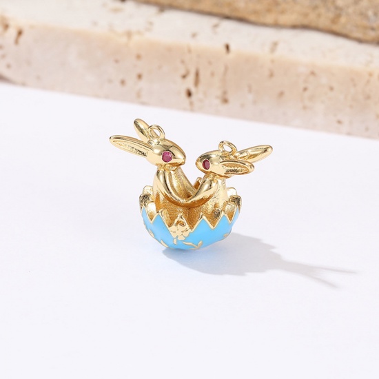 Picture of Brass Easter Day Charms 18K Real Gold Plated Blue Rabbit Animal Enamel Fuchsia Cubic Zirconia 17.3mm x 15.5mm, 10 PCs                                                                                                                                         