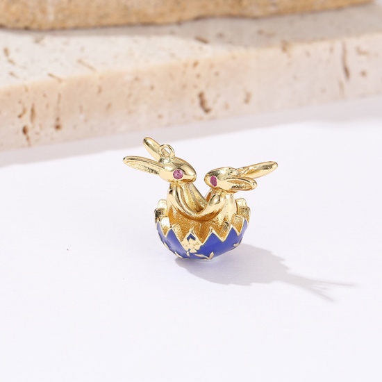 Picture of Brass Easter Day Charms 18K Real Gold Plated Purple Rabbit Animal Enamel Fuchsia Cubic Zirconia 17.3mm x 15.5mm, 10 PCs                                                                                                                                       