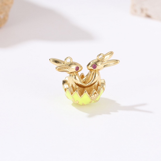 Picture of Brass Easter Day Charms 18K Real Gold Plated Yellow Rabbit Animal Enamel Fuchsia Cubic Zirconia 17.3mm x 15.5mm, 10 PCs                                                                                                                                       
