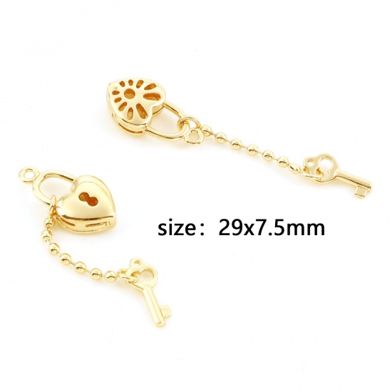 Picture of Brass Valentine's Day Charms Real Gold Plated Heart Lock Key 29mm x 7.5mm, 50 PCs