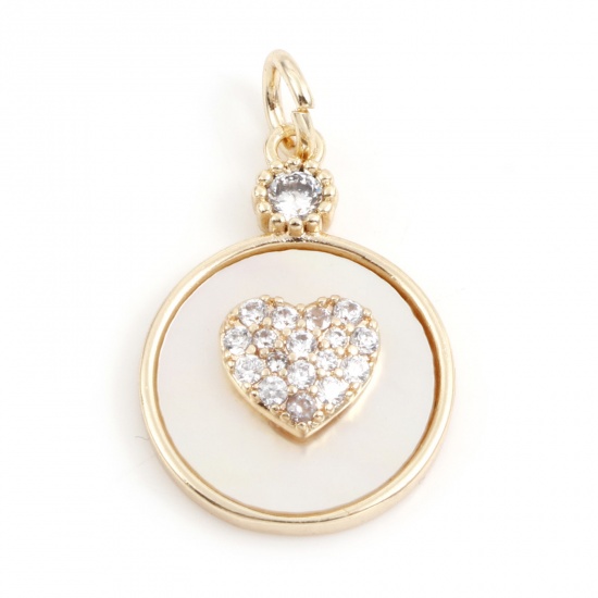 Picture of Natural Shell & Brass Valentine's Day Charms 18K Real Gold Plated White Round Heart Micro Pave Clear Cubic Zirconia 23mm x 14mm, 30 PCs