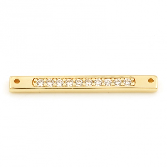 Picture of Brass Connectors 18K Real Gold Plated Rectangle Micro Pave Clear Cubic Zirconia 3.2cm x 0.4cm, 30 PCs                                                                                                                                                         