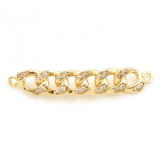 Picture of Brass Connectors 18K Real Gold Plated Link Chain Micro Pave Clear Cubic Zirconia 29mm x 5mm, 30 PCs                                                                                                                                                           