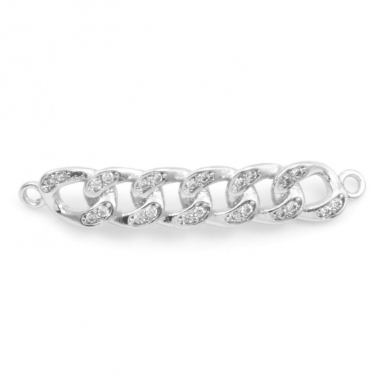 Picture of Brass Connectors Real Platinum Plated Link Chain Micro Pave Clear Cubic Zirconia 29mm x 5mm, 30 PCs                                                                                                                                                           