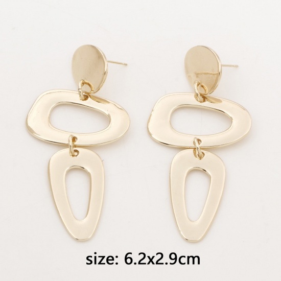 Picture of Brass Stylish Earrings Irregular Oval 18K Real Gold Plated Hollow 6.2cm x 2.9cm, Post/ Wire Size: (21 gauge), 10 PCs