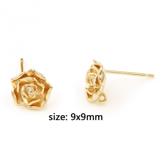 Picture of Brass Valentine's Day Ear Post Stud Earrings 18K Real Gold Plated Rose Flower With Loop Clear Cubic Zirconia 9mm x 9mm, Post/ Wire Size: (21 gauge), 50 PCs                                                                                                   