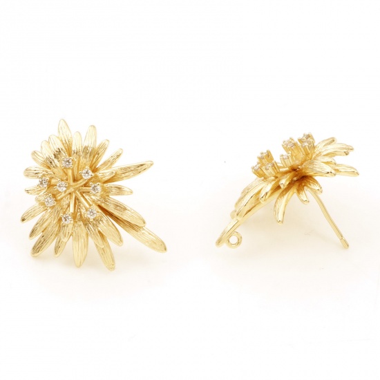 Picture of Brass Micro Pave Ear Post Stud Earrings 18K Real Gold Plated Flower With Loop Clear Cubic Zirconia 27mm x 24mm, Post/ Wire Size: (21 gauge), 30 PCs