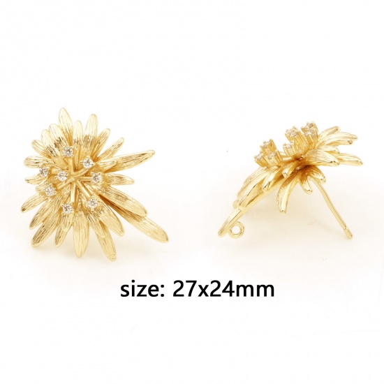 Picture of Brass Micro Pave Ear Post Stud Earrings 18K Real Gold Plated Flower With Loop Clear Cubic Zirconia 27mm x 24mm, Post/ Wire Size: (21 gauge), 30 PCs