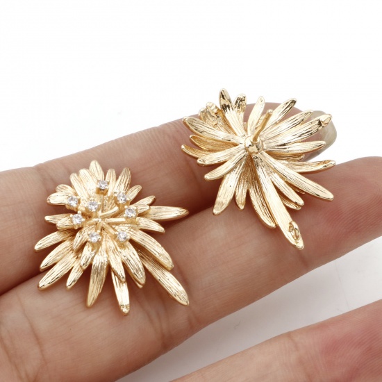 Picture of Brass Micro Pave Ear Post Stud Earrings 18K Real Gold Plated Flower With Loop Clear Cubic Zirconia 27mm x 24mm, Post/ Wire Size: (21 gauge), 30 PCs