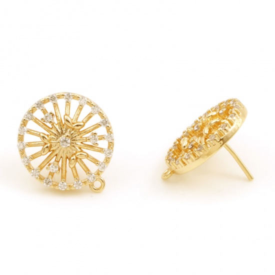Picture of Brass Micro Pave Ear Post Stud Earrings 18K Real Gold Plated Round With Loop Clear Cubic Zirconia 18mm x 15mm, Post/ Wire Size: (21 gauge), 30 PCs                                                                                                            