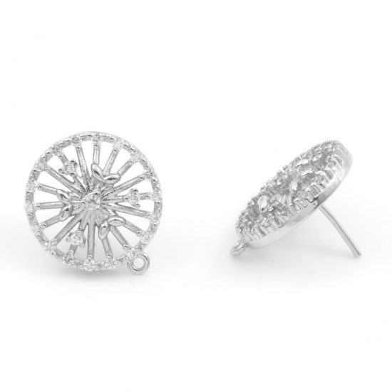 Picture of Brass Micro Pave Ear Post Stud Earrings Real Platinum Plated Round With Loop Clear Cubic Zirconia 18mm x 15mm, Post/ Wire Size: (21 gauge), 30 PCs                                                                                                            